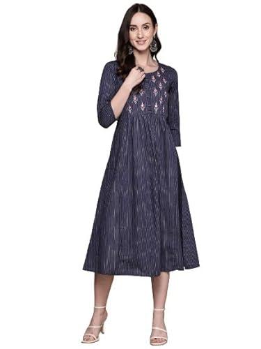 anubhutee women's cotton navy blue mirror work embroidered a-line indo western dress