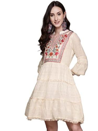 anubhutee women's cotton off white thread work embroidered a-line indo western dress