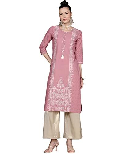 anubhutee women's cotton pink gota patti ethnic motifs printed straight kurta