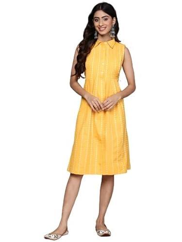 anubhutee women's cotton printed mustard knee length a-line indo-western dress