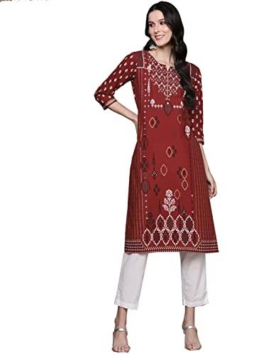 anubhutee women's cotton rust red mirror work ethnic motifs printed straight kurta