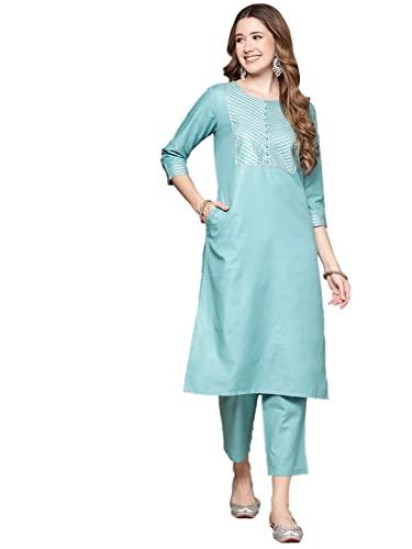 anubhutee women's cotton sky blue gota patti work solid straight kurta suit set with trousers