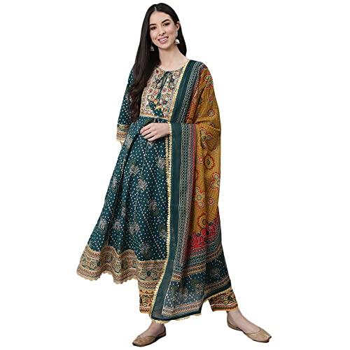 anubhutee women's cotton teal gota patti ethnic motifs printed anarkali kurta suit set with trousers and dupatta