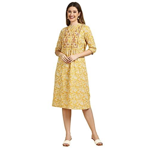 anubhutee women's cotton yellow thread work printed a-line indo western dress