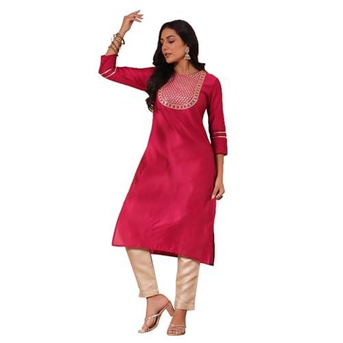 anubhutee women's fuchsia yoke design zari work silk blend straight kurta