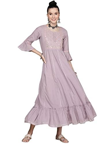 anubhutee women's lilac cotton embroidered a-line dress