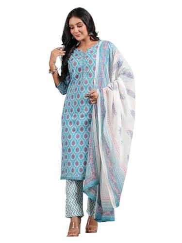 anubhutee women's pure cotton ethnic motifs printed turquoise blue kurta suit set with trousers & dupatta