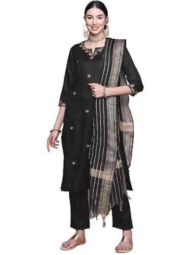 anubhutee women's rayon black floral embroidered straight kurta suit set with pants and dupatta