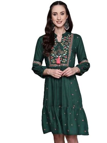 anubhutee women's rayon bottle green mirror work embroidered a-line indo western dress