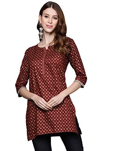 anubhutee women's rayon maroon thread work ethnic motifs printed straight kurti