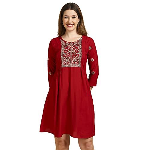 anubhutee women's rayon maroon thread work solid a-line indo western dress