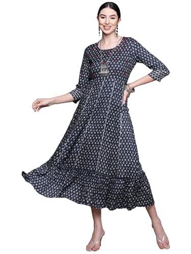 anubhutee women's rayon navy blue mirror work printed a-line indo western dress