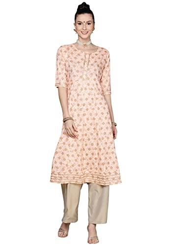 anubhutee women's rayon peach gota patti floral printed a-line kurta