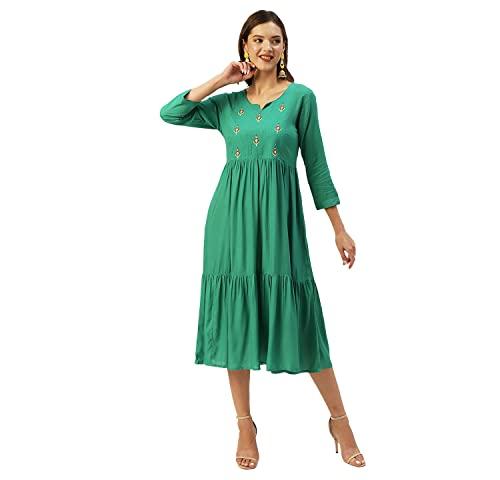 anubhutee women's rayon sea green thread work printed a-line indo western dress