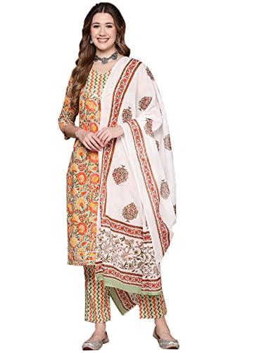 anubhutee women's sage green handwork floral print kurta set with trousers and dupatta