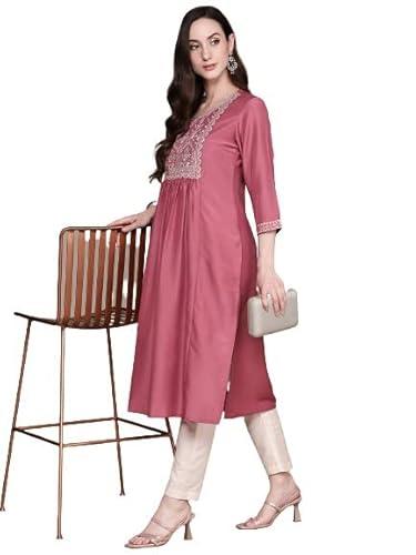 anubhutee women's silk mauve zari work woven design embroidered a-line kurta