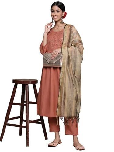 anubhutee women's viscose rayon rust ethnic motifs self design straight kurta suit set with pants and dupatta