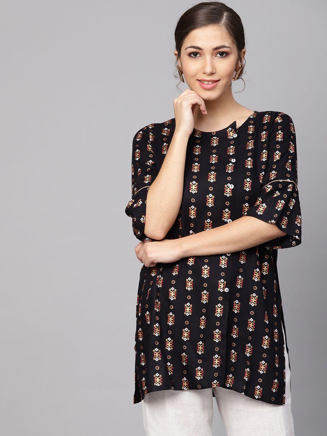 anubhutee women black & golden printed straight kurti