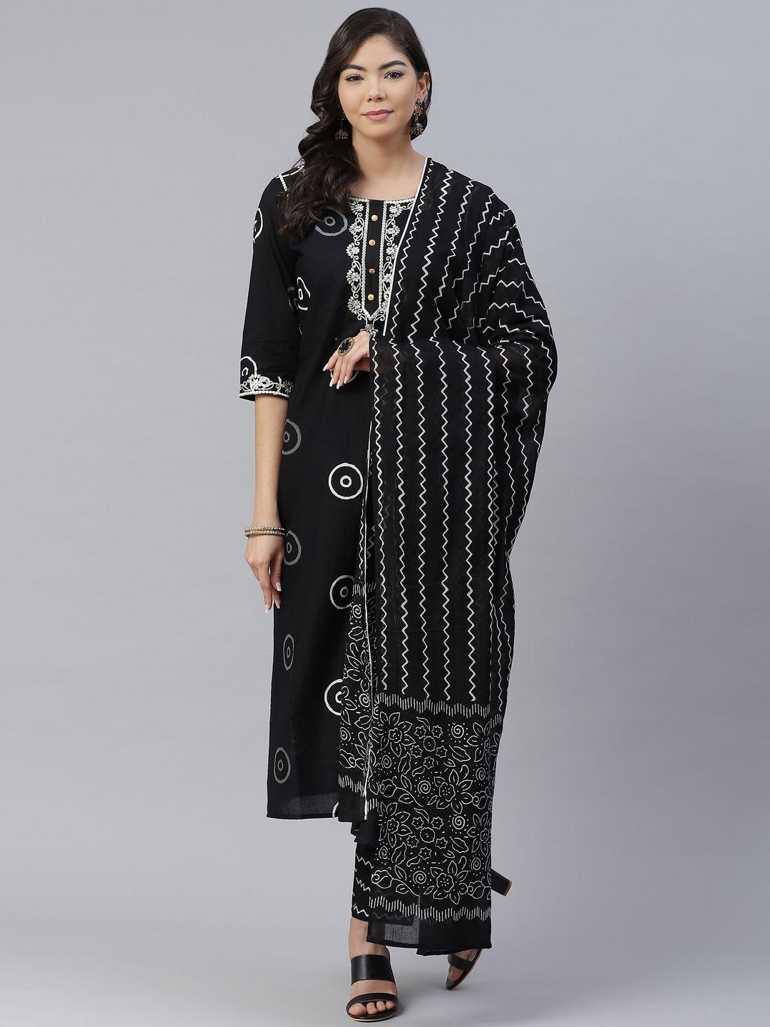 anubhutee women black & golden pure cotton geometric printed kurta with trousers & dupatta