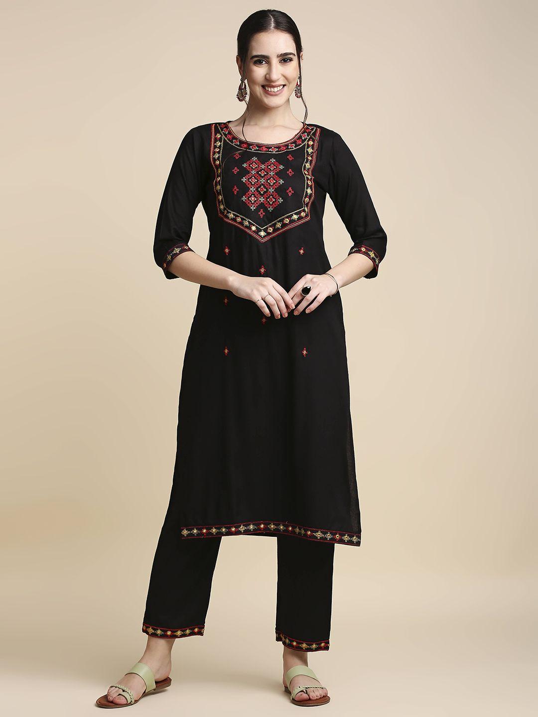anubhutee women black & red embroidered kurta with trousers