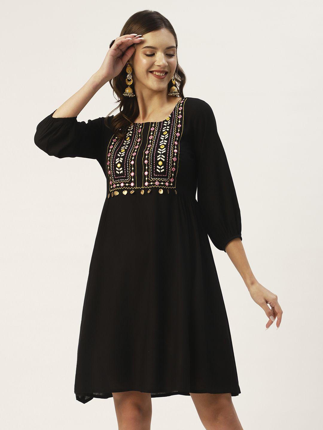 anubhutee women black ethnic motifs embroidered round neck a-line dress