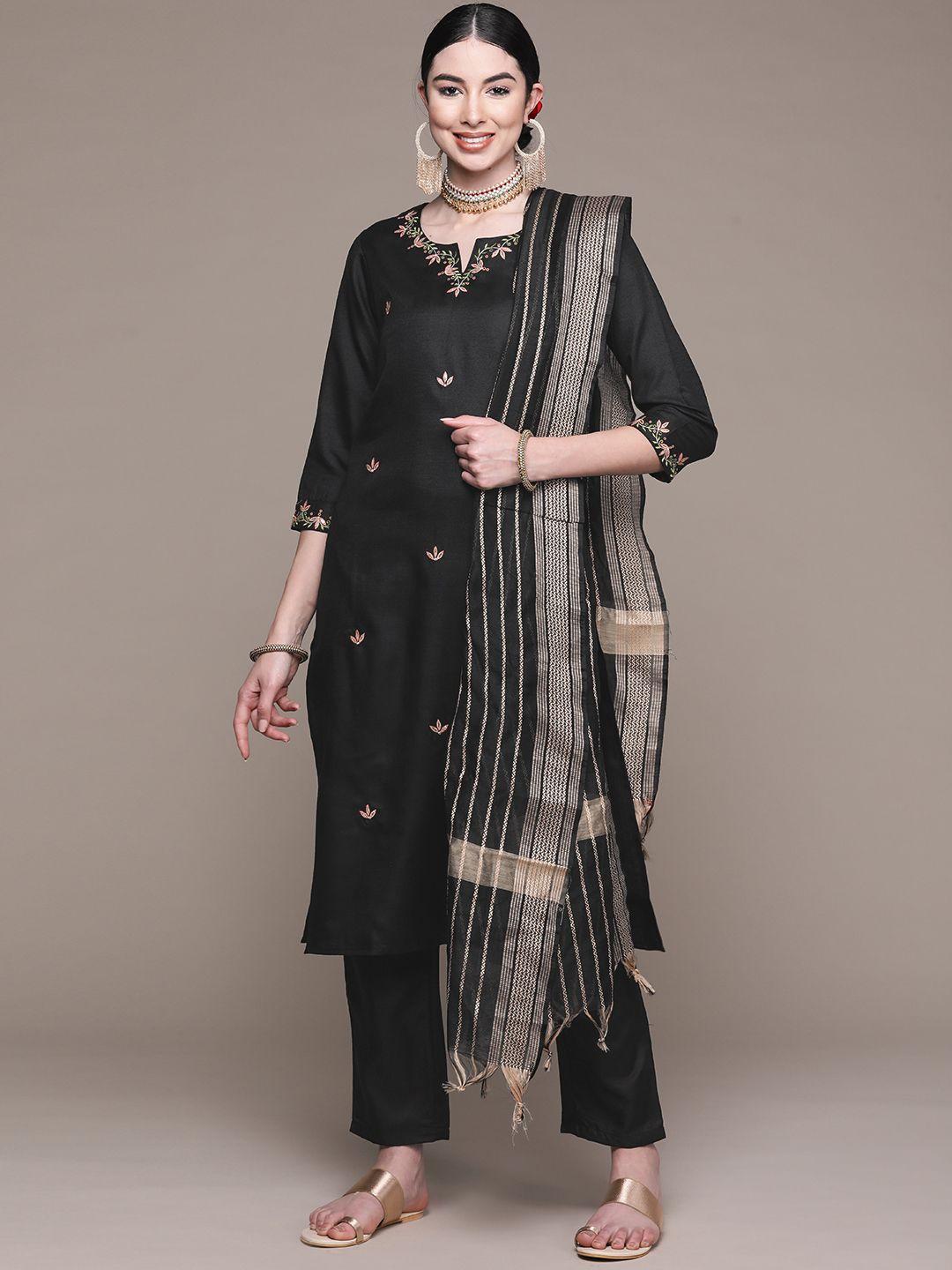 anubhutee women black floral embroidered thread work kurta with trousers & with dupatta