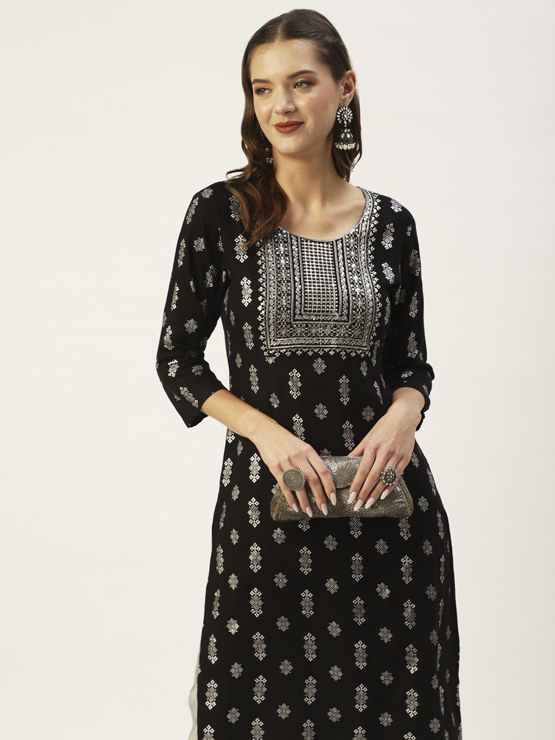 anubhutee women black geometric printed thread work kurta