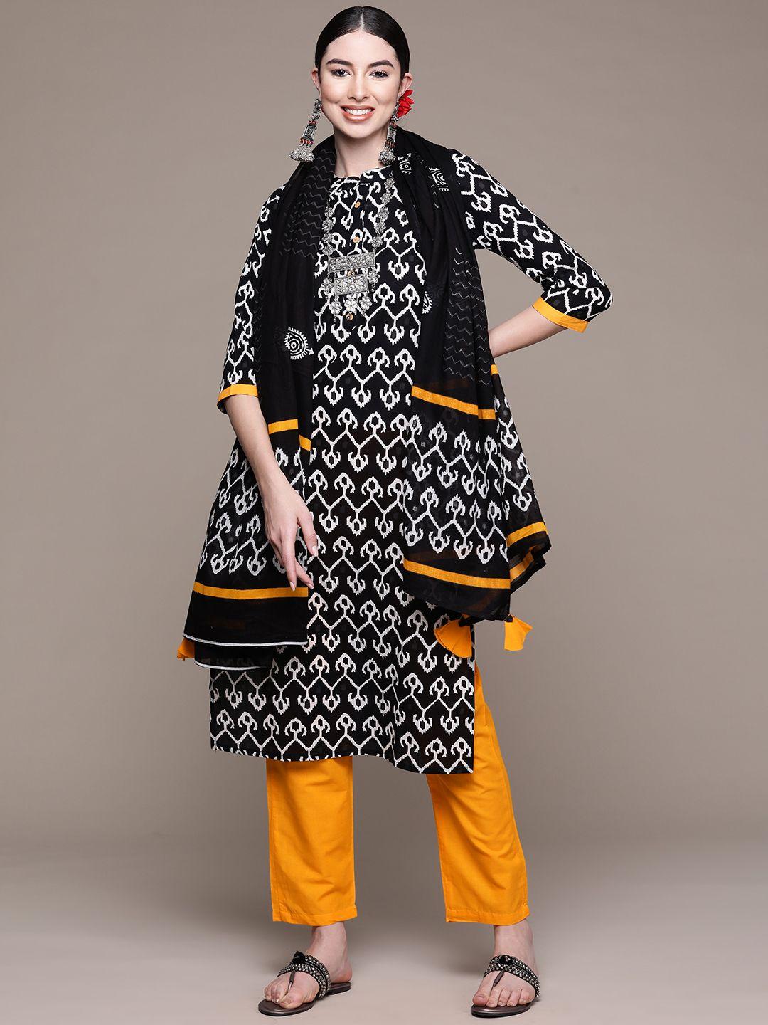 anubhutee women black printed pure cotton kurta with trousers & dupatta