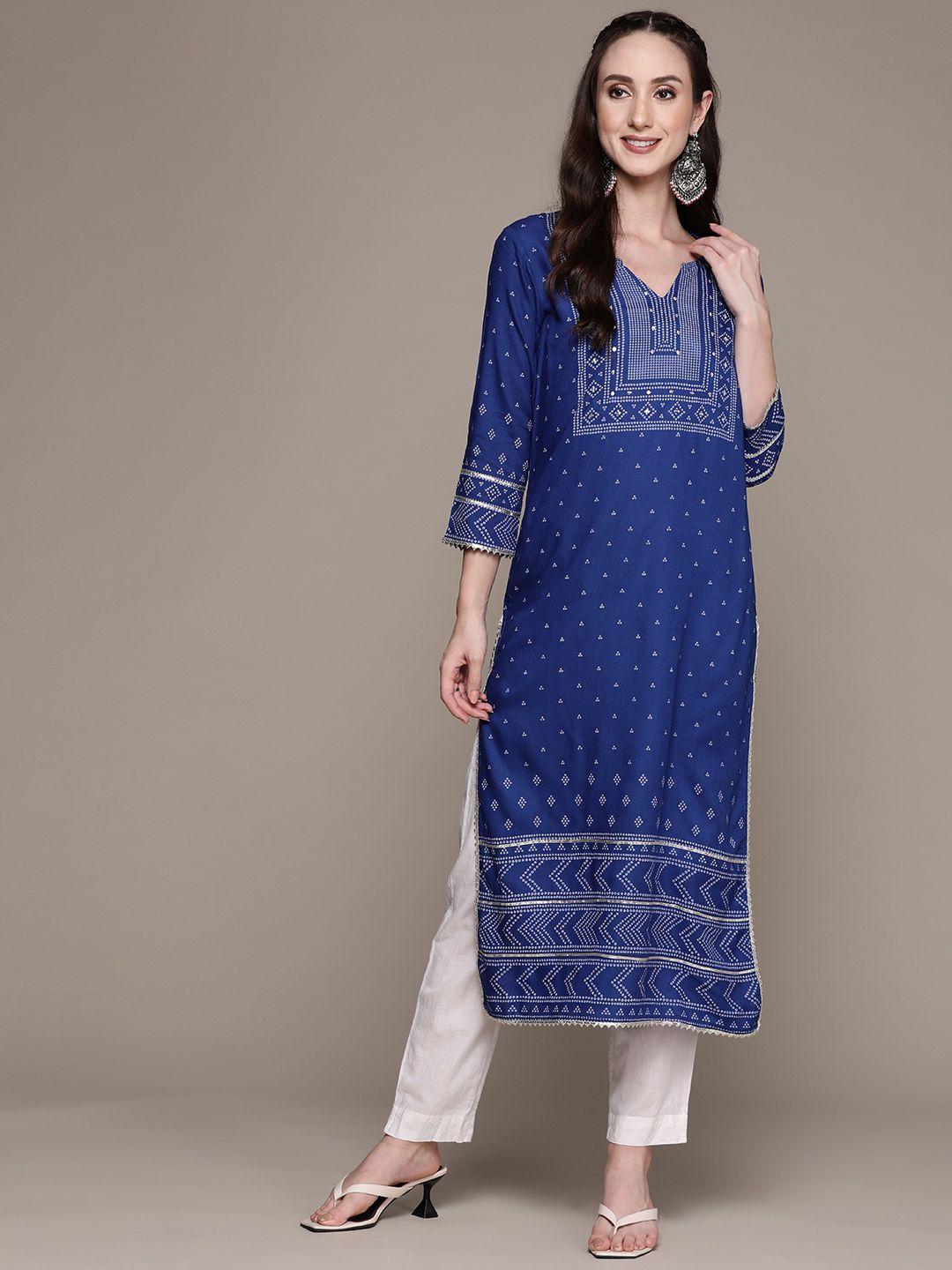 anubhutee women blue & white bandhani printed kurta