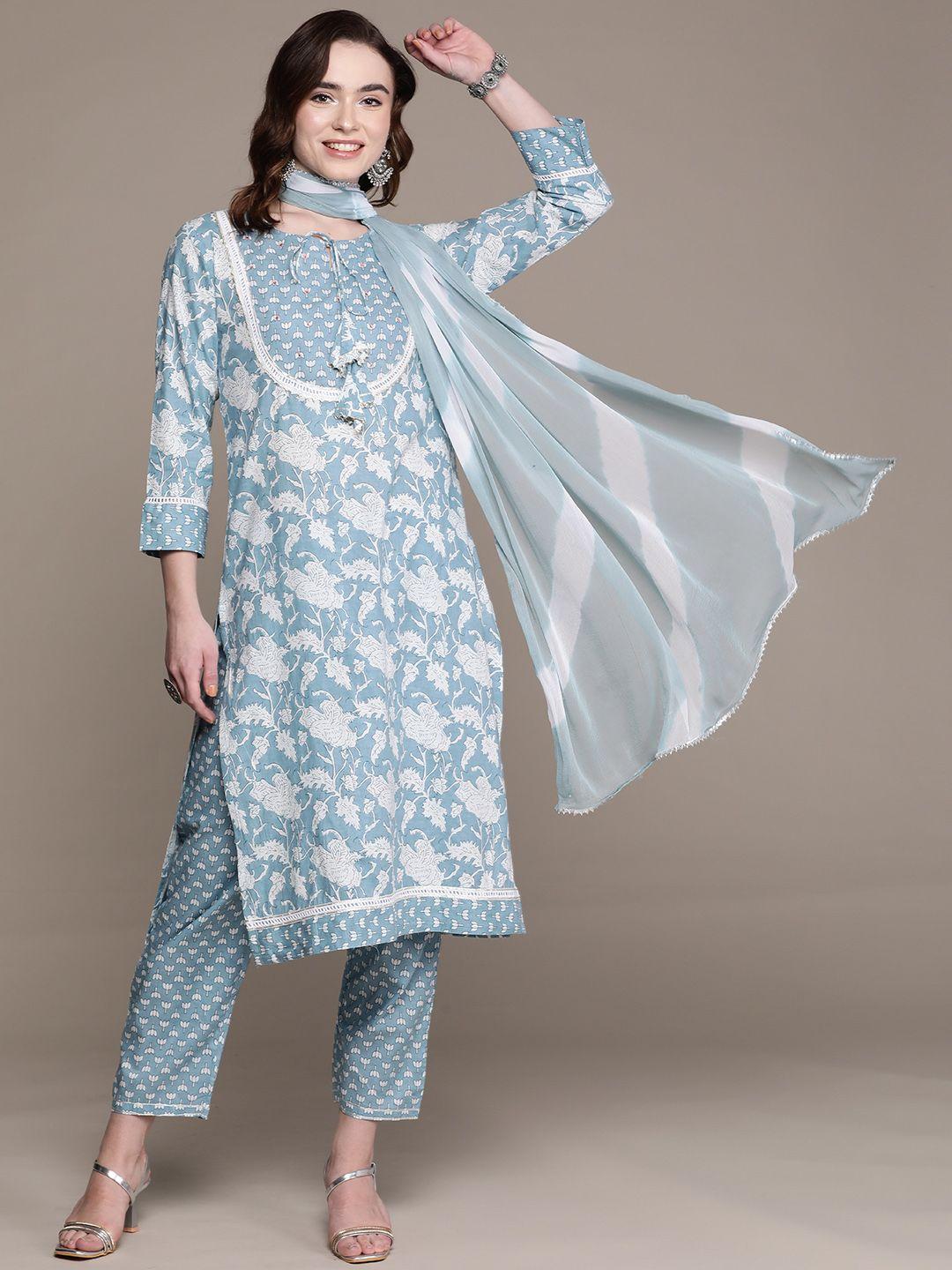 anubhutee women blue ethnic motifs printed tassel detail kurta with trousers & dupatta