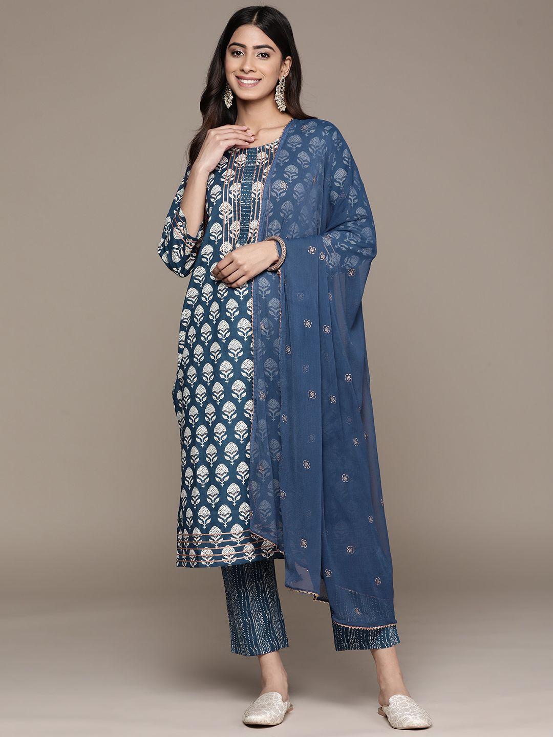 anubhutee women blue floral printed gotta patti pure cotton kurta with trousers & with dupatta