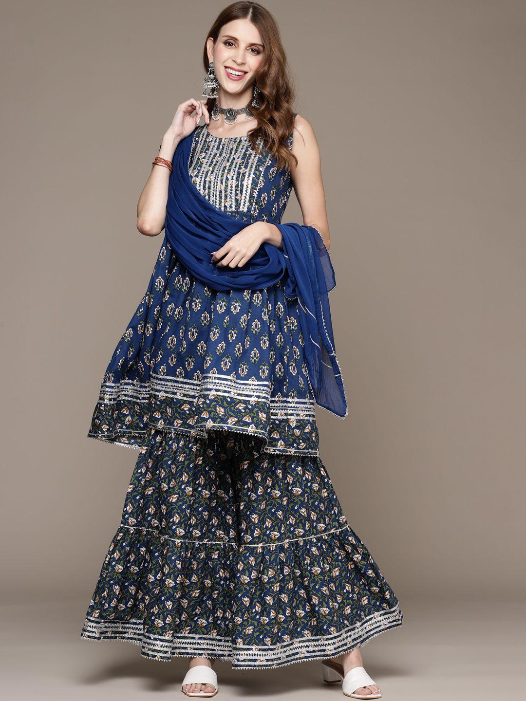 anubhutee women blue floral printed pure cotton kurta with sharara & with dupatta