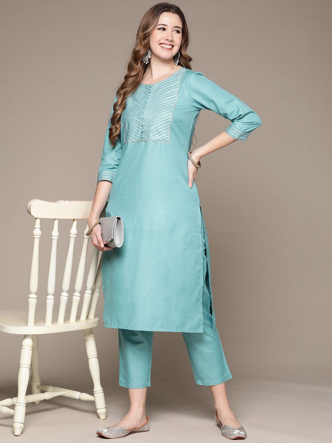 anubhutee women blue solid gotta patti kurta with trousers