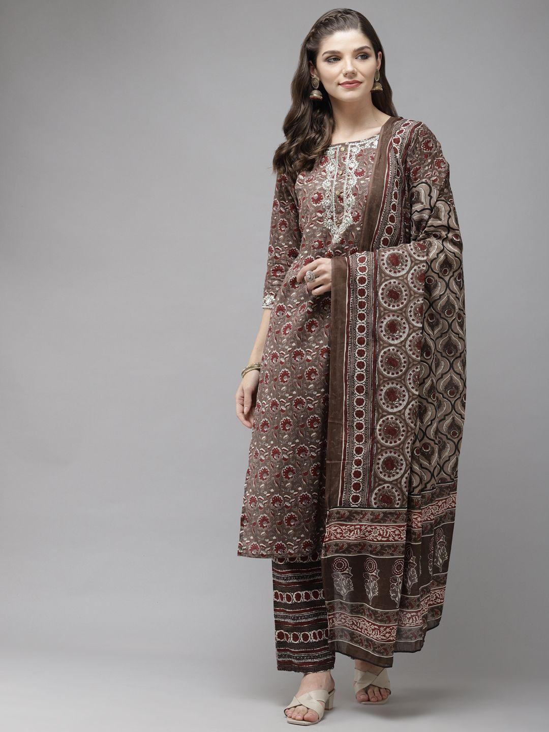 anubhutee women brown & maroon printed pure cotton kurta with trousers & dupatta