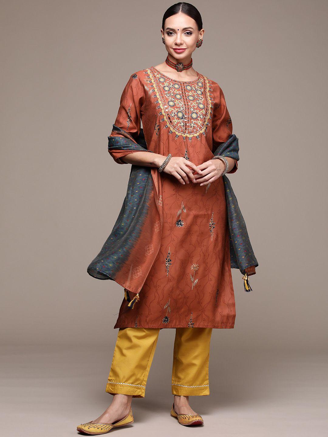 anubhutee women brown floral embroidered kurta with trousers & with dupatta