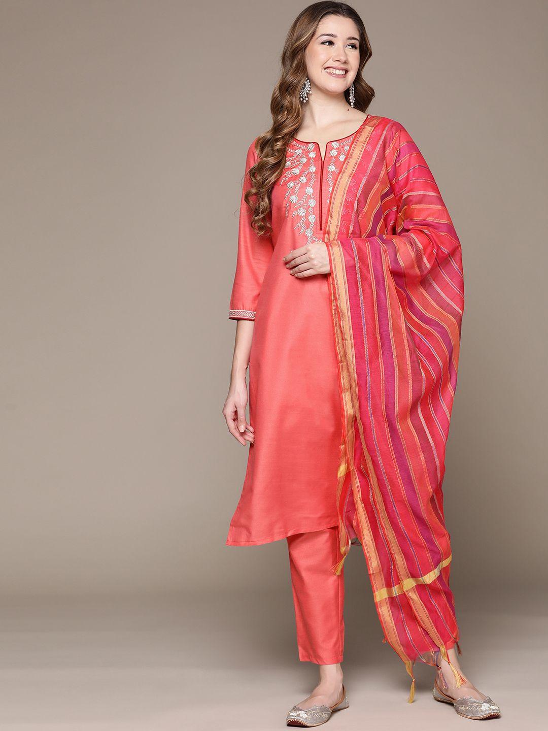 anubhutee women coral floral embroidered kurta with trousers & dupatta