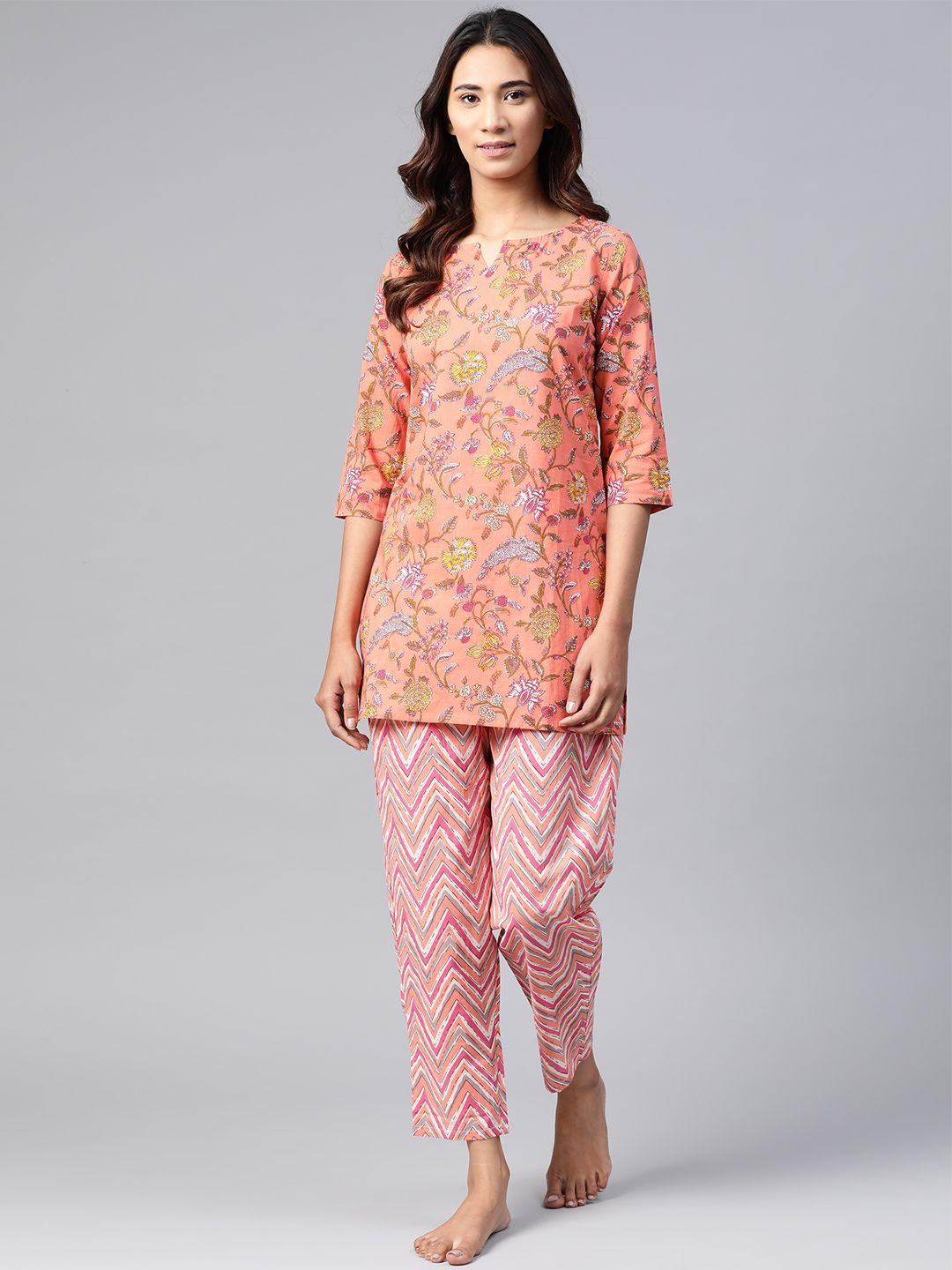 anubhutee women coral pink & yellow pure cotton printed night suit