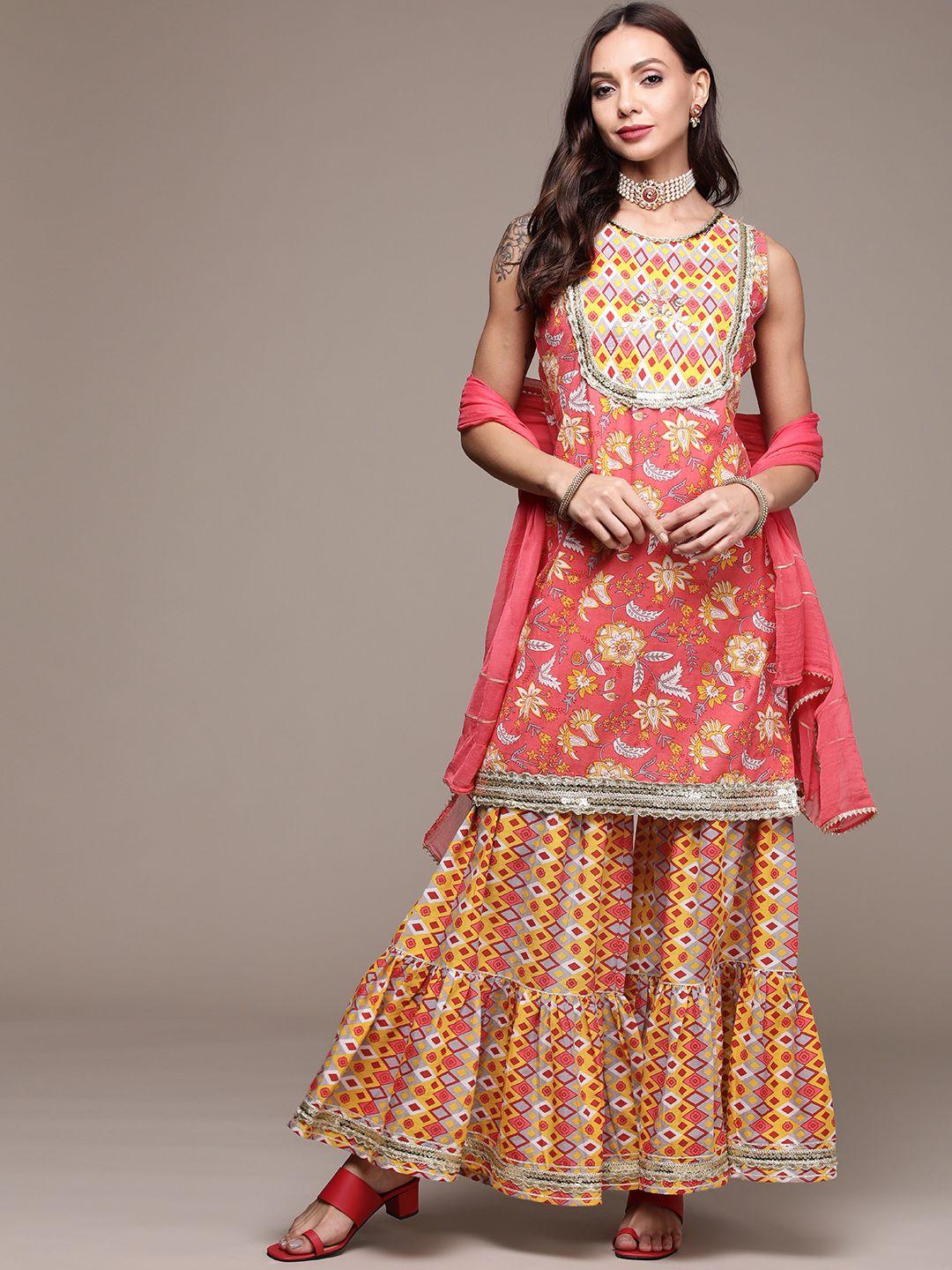 anubhutee women coral pink floral printed pure cotton kurta with sharara & with dupatta