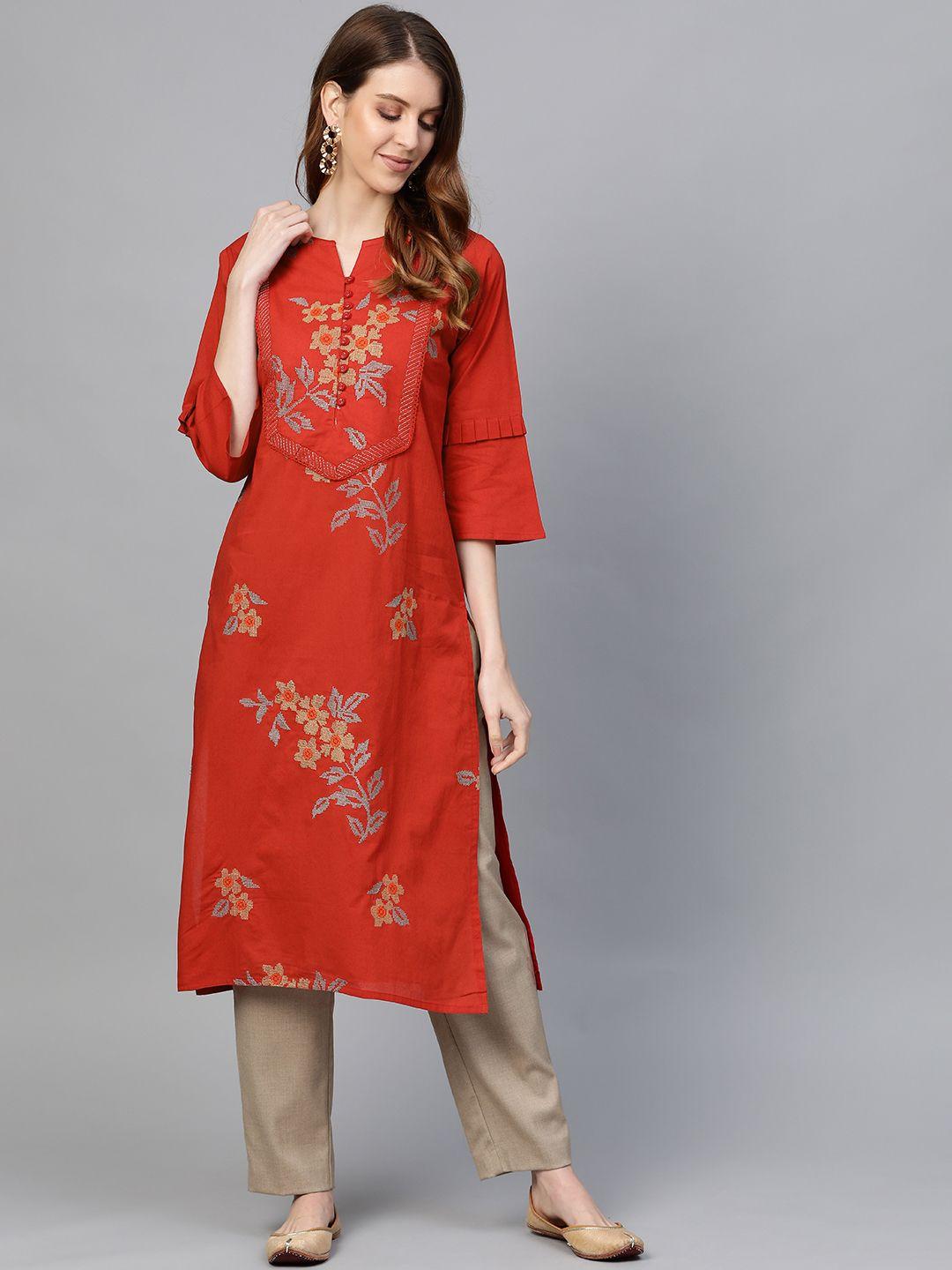 anubhutee women coral red & golden floral embroidered straight kurta