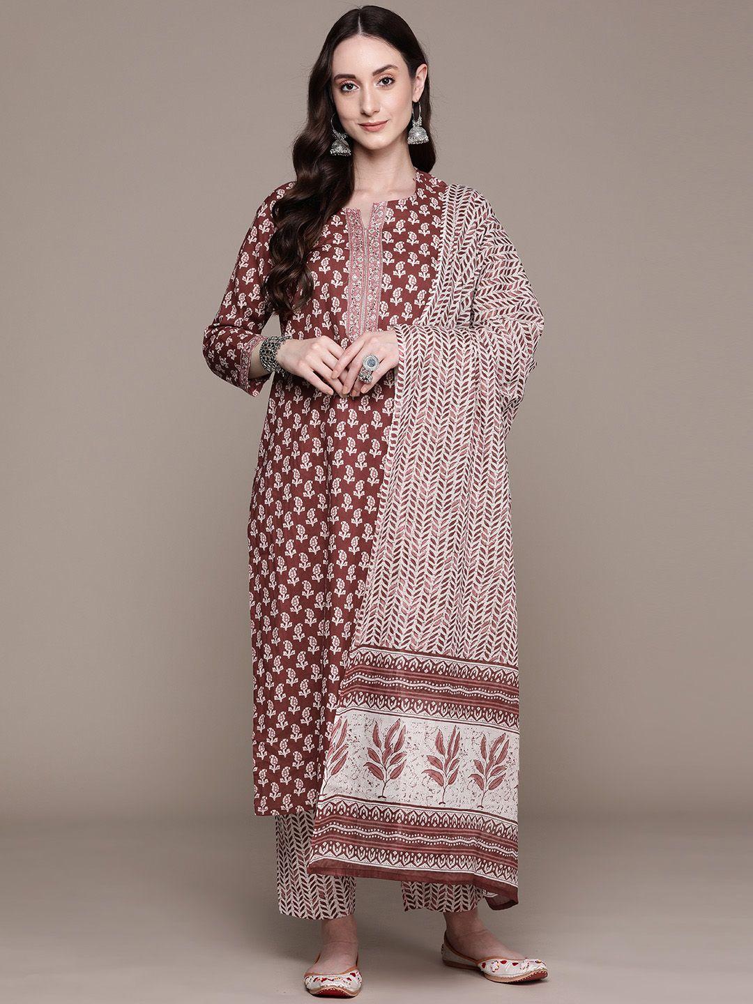 anubhutee women ethnic motifs printed pure cotton kurta with trousers & with dupatta