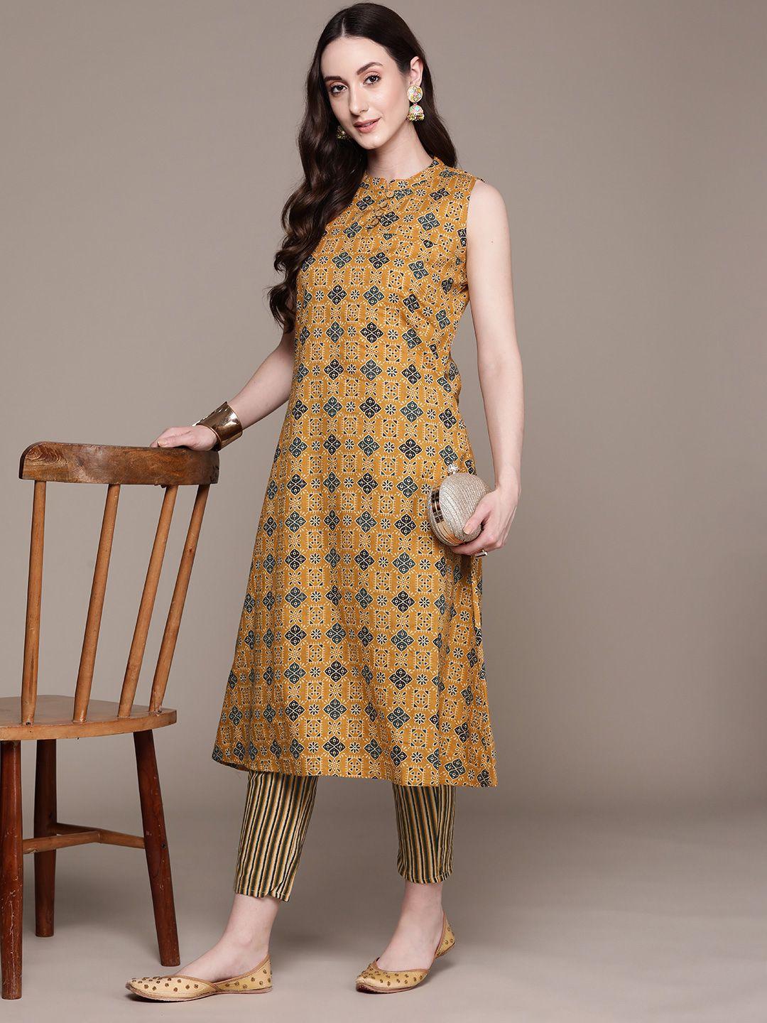 anubhutee women ethnic motifs printed regular pure cotton kurta with trousers