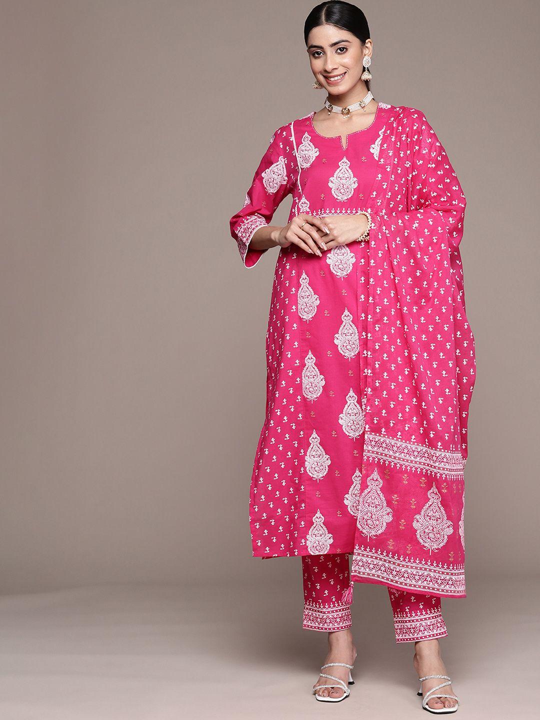 anubhutee women ethnic motifs printed sequinned pure cotton kurta with trousers & dupatta