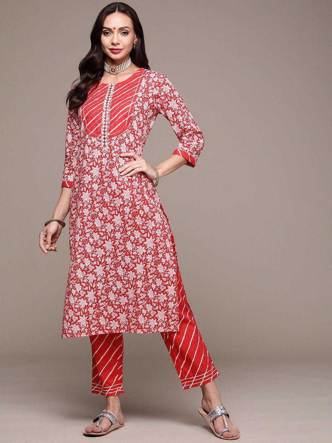 anubhutee women floral printed mirror work pure cotton kurta with trousers