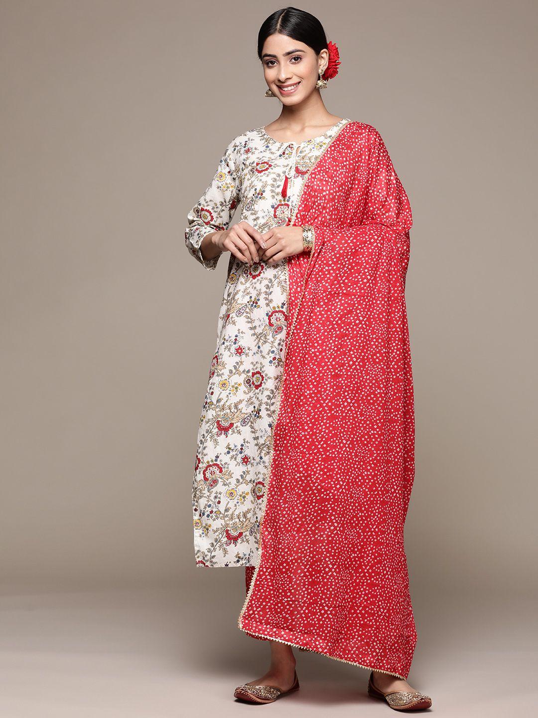 anubhutee women floral printed pure cotton kurta with trousers & dupatta