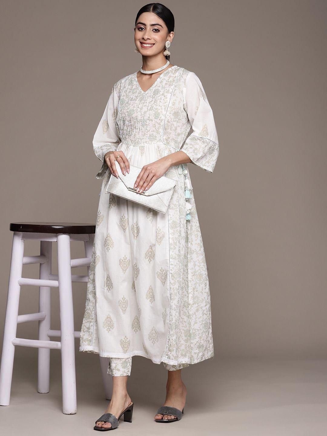 anubhutee women floral printed sequinned pure cotton kurta with trousers