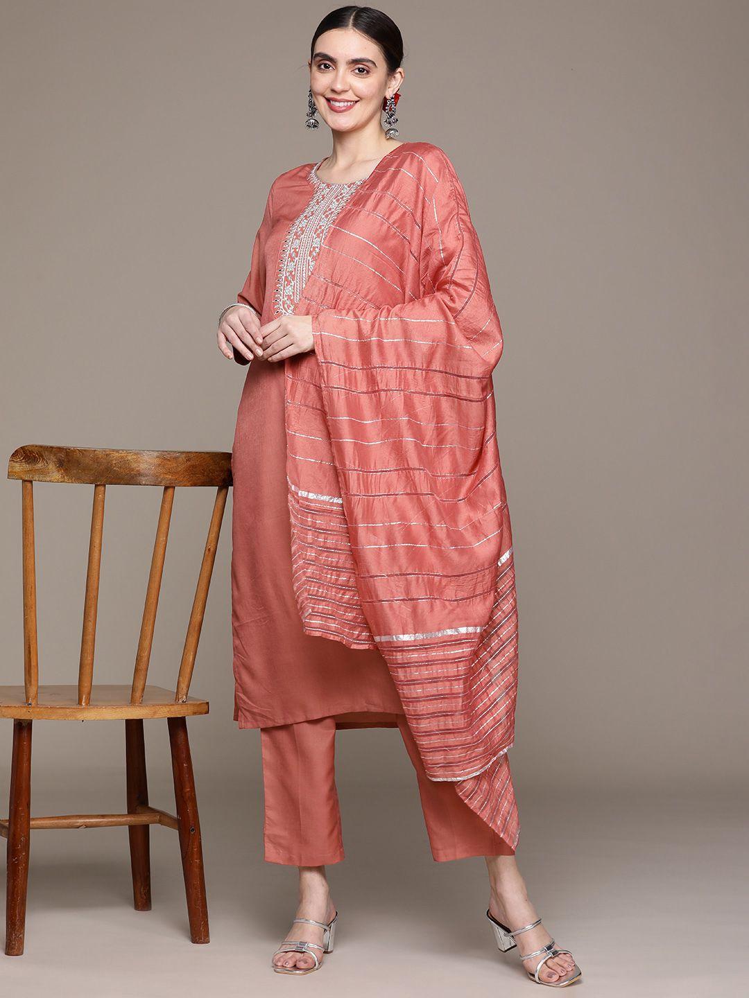 anubhutee women floral yoke design sequinned kurta with trousers & dupatta