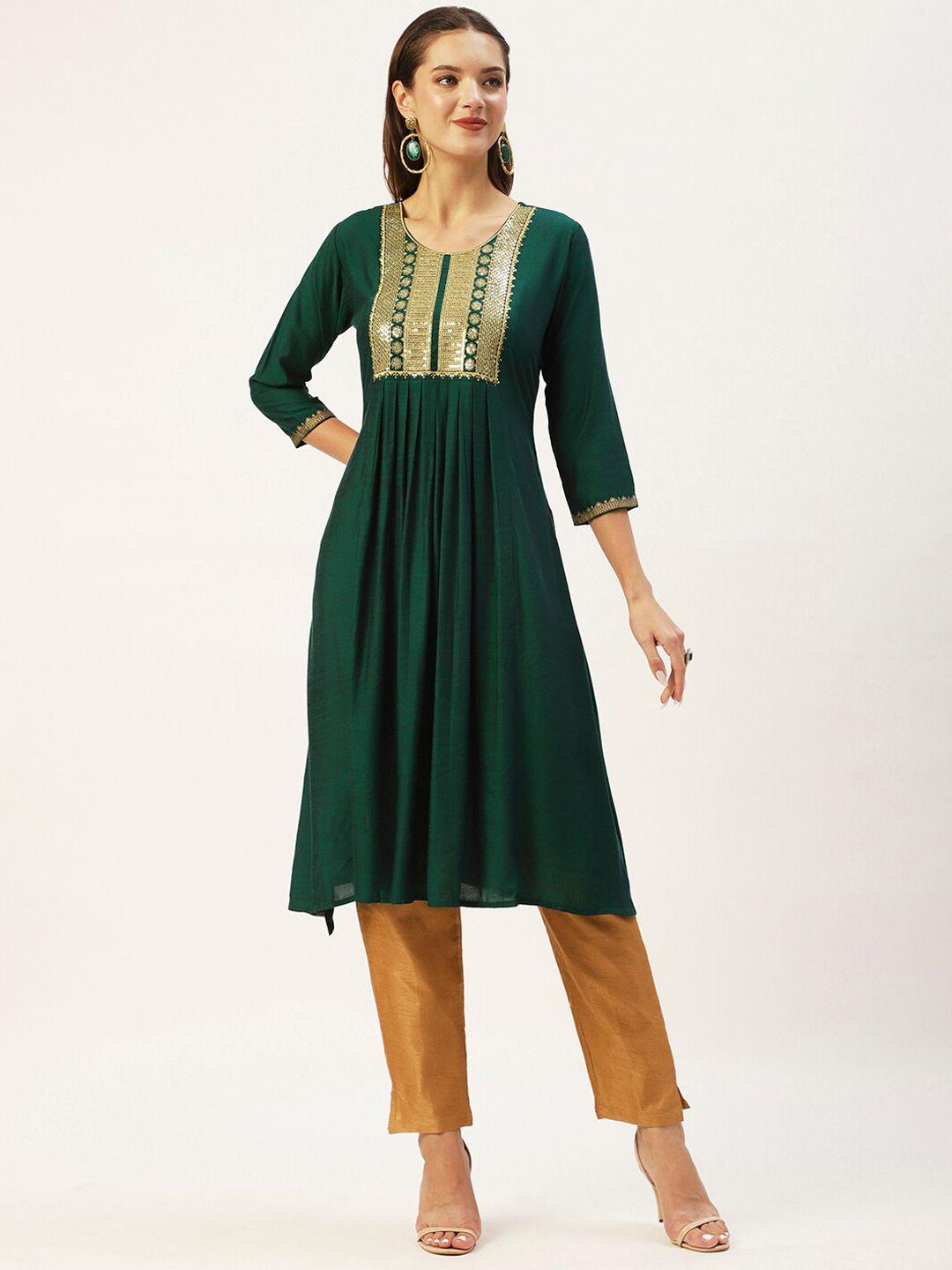 anubhutee women green & gold-toned yoke design embroidered straight kurta