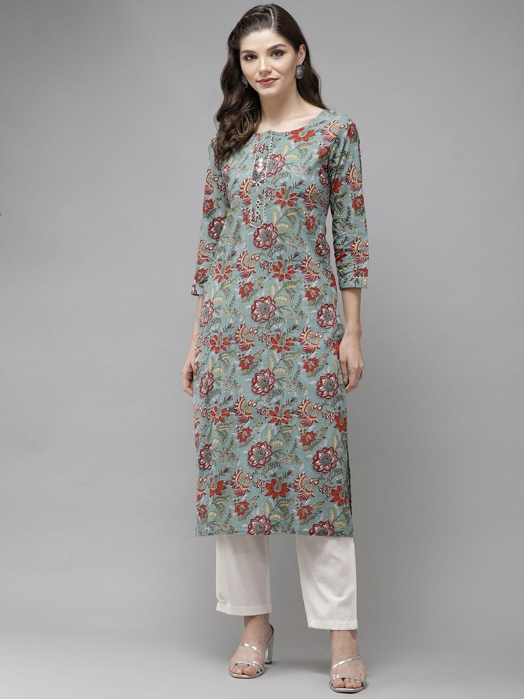 anubhutee women green & off-white ethnic printed pure cotton kurta with trousers