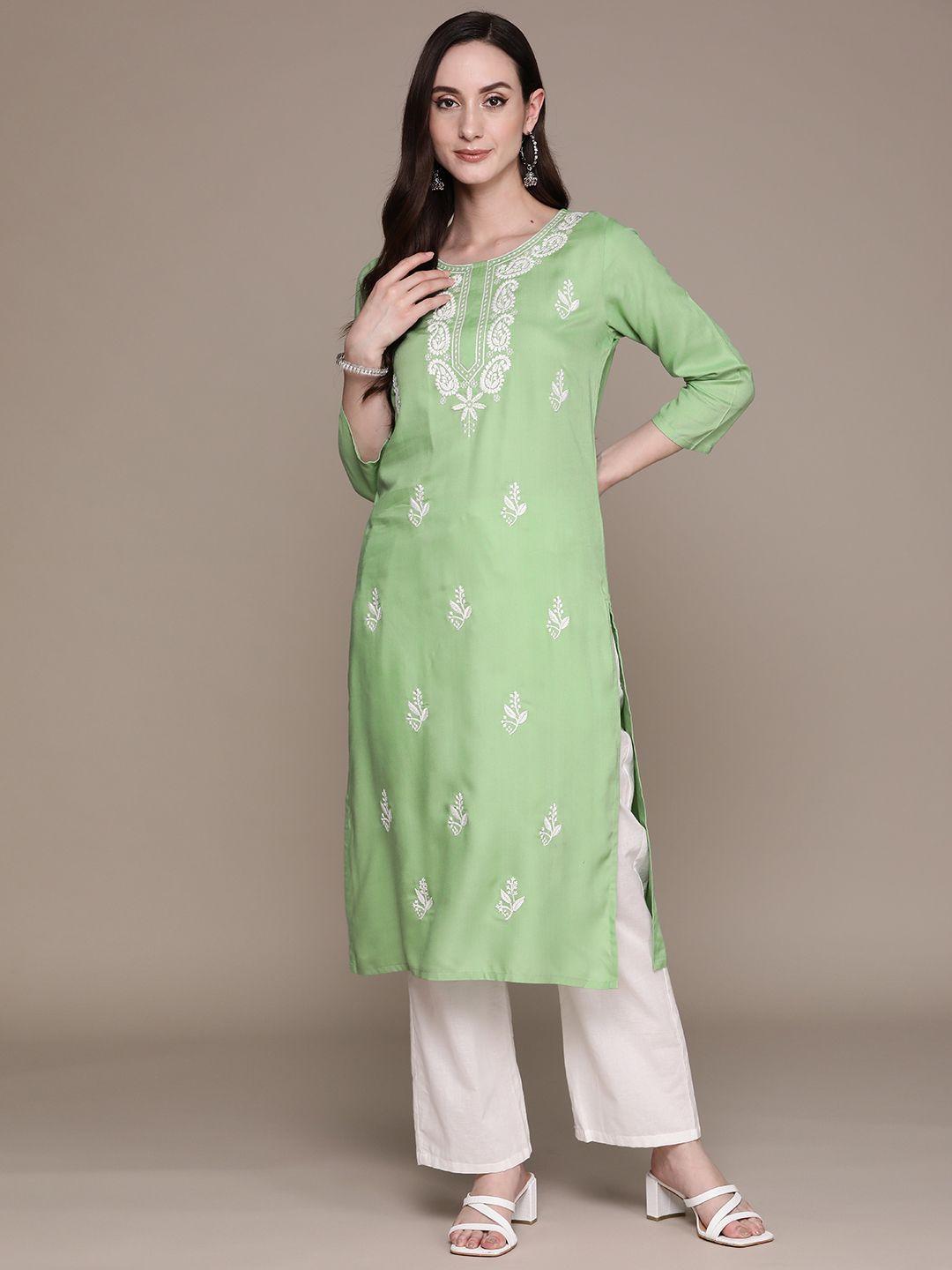 anubhutee women green & white ethnic motifs embroidered kurta