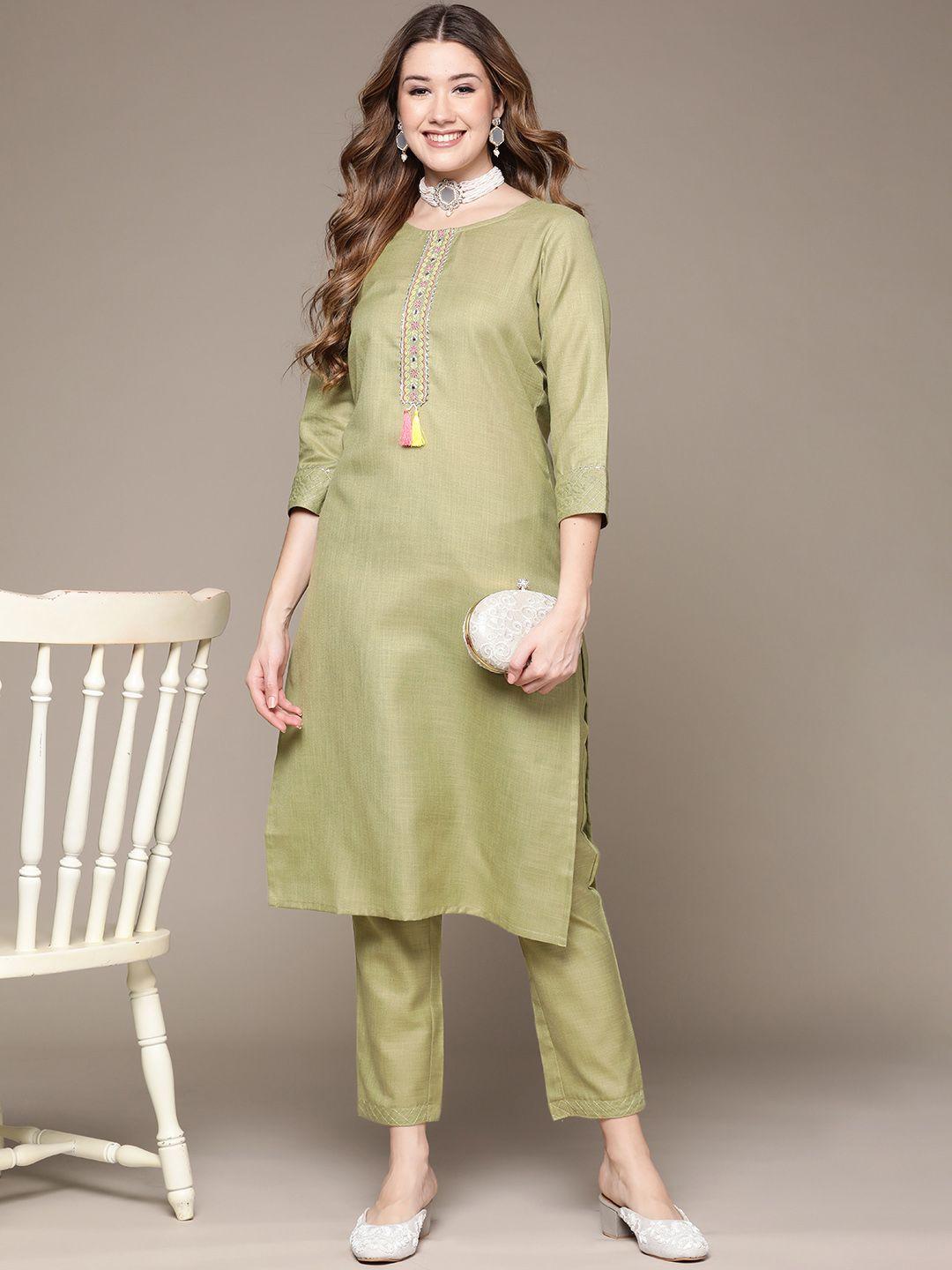 anubhutee women green ethnic motifs embroidered gotta patti kurta with trousers